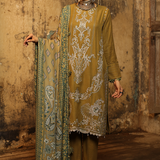 3PC Unstitched - Dyed Peach Leather Embroidered Shirt with Pashmina Printed Lurex Shawl