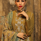 3PC Unstitched - Dyed Peach Leather Embroidered Shirt with Pashmina Printed Lurex Shawl