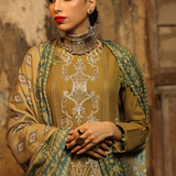 3PC Unstitched - Dyed Peach Leather Embroidered Shirt with Pashmina Printed Lurex Shawl