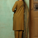 3PC Unstitched - Dyed Peach Leather Embroidered Shirt with Pashmina Printed Lurex Shawl