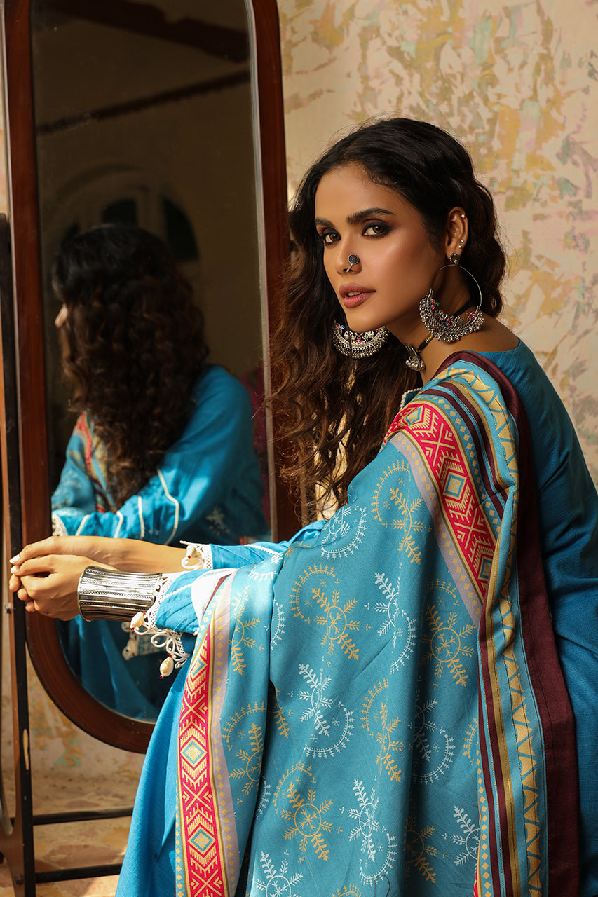 3Pc Unstitched - Dyed Embroidered Khaddar Shirt with Lurex Zari Dupatta