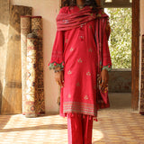 3Pc Unstitched - Dyed Embroidered Khaddar Shirt with Lurex Zari Dupatta