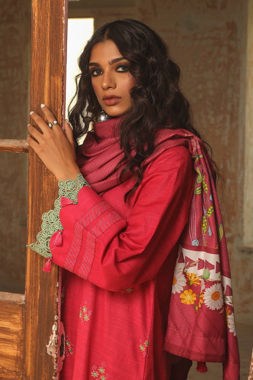 3Pc Unstitched - Dyed Embroidered Khaddar Shirt with Lurex Zari Dupatta