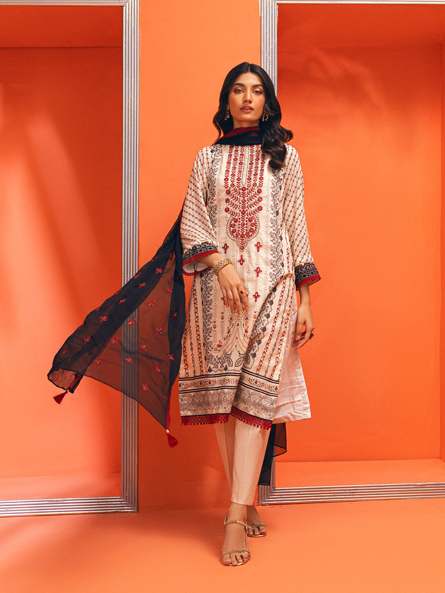3PC Unstitched - Printed Embroidered Lawn Shirt With Dyed Chiffon Embroidered Dupatta