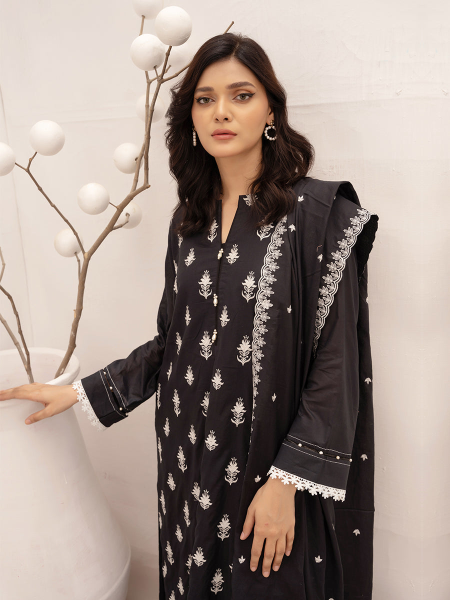 3pc Unstitched - Dyed Embroidered Shirt With Lawn Embroidered Dupatta
