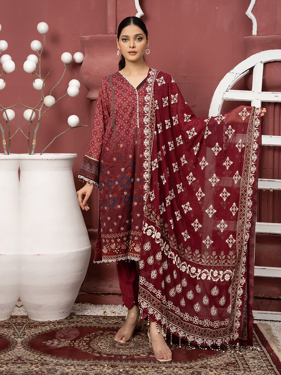 3pc Unstitched - Lawn Printed Embroidered Shirt With Chiffon Screen Printed Dupatta