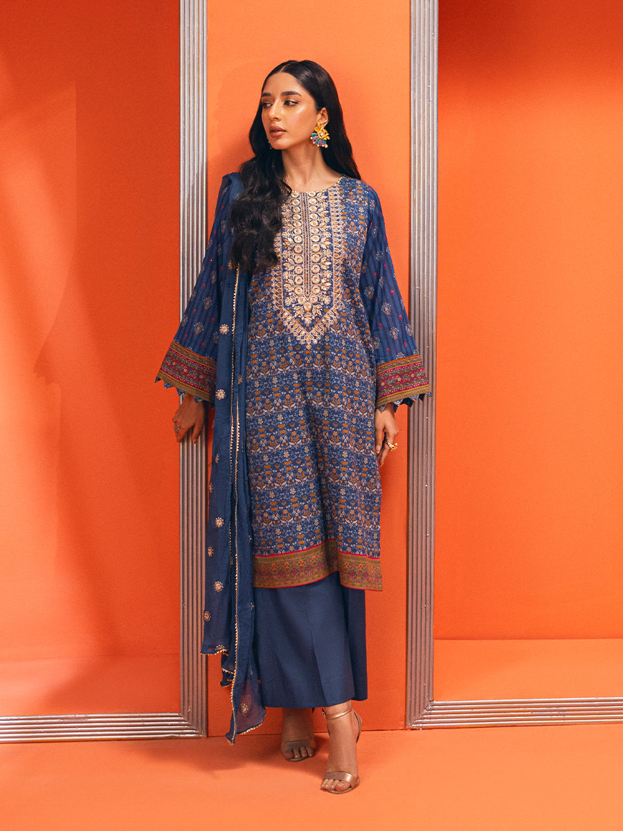 3PC Unstitched - Printed Embroidered Lawn Shirt With Dyed Chiffon Embroidered Dupatta