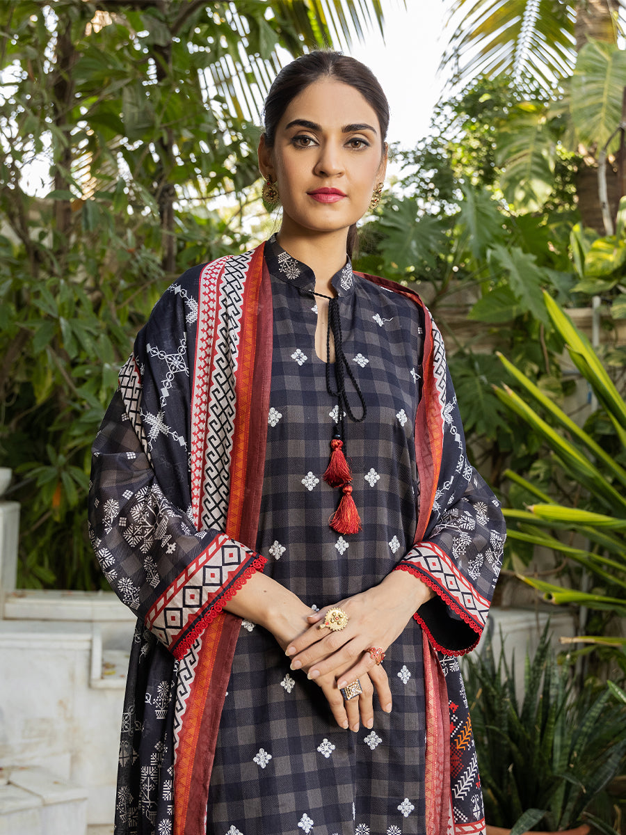3pc Unstitched - Printed Embroidered Lawn Shirt With Printed Lawn Dupatta