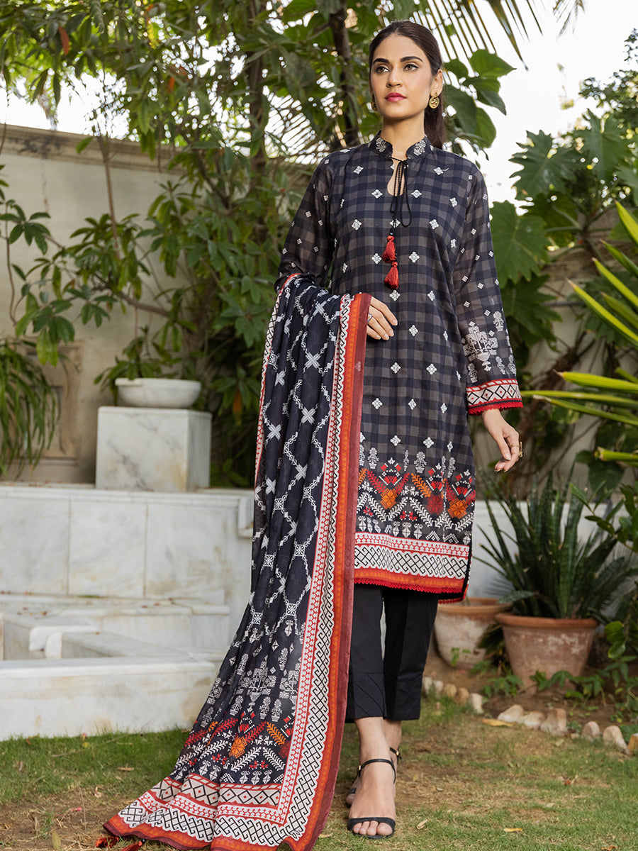 3pc Unstitched - Printed Embroidered Lawn Shirt With Printed Lawn Dupatta