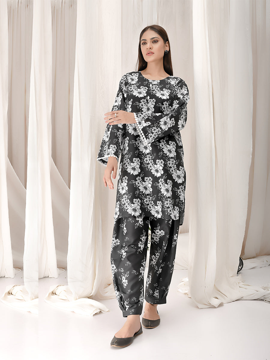 2pc - Unstitched Printed B&W Shirt & Trouser