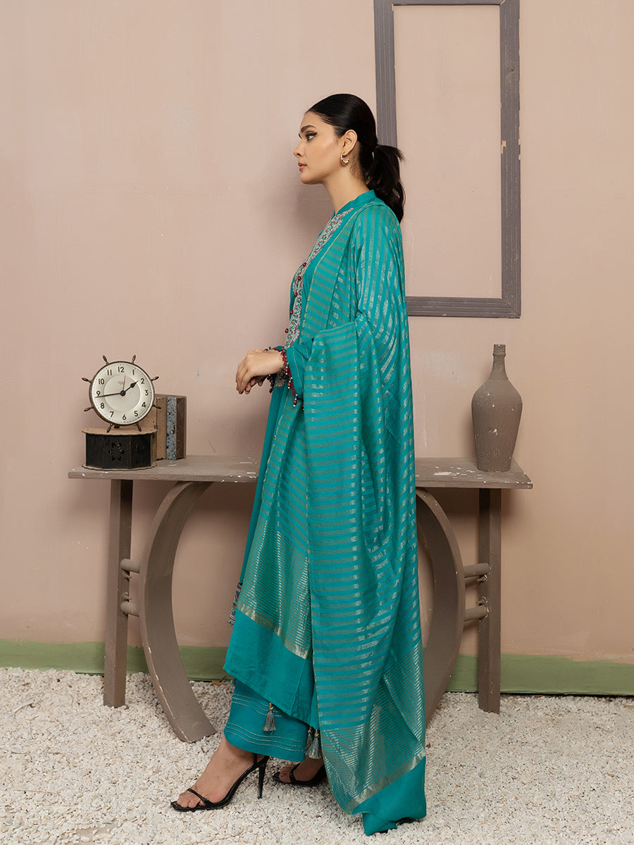 3pc Unstitched - Lawn Dyed Embroidered Shirt With Fancy Dupatta