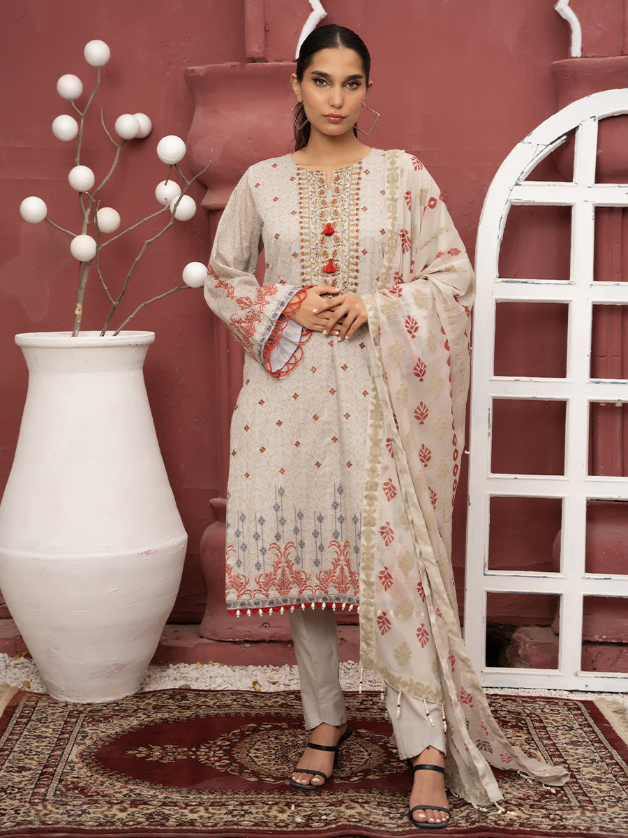 3pc Unstitched - Lawn Printed Embroidered Shirt With Chiffon Screen Printed Dupatta