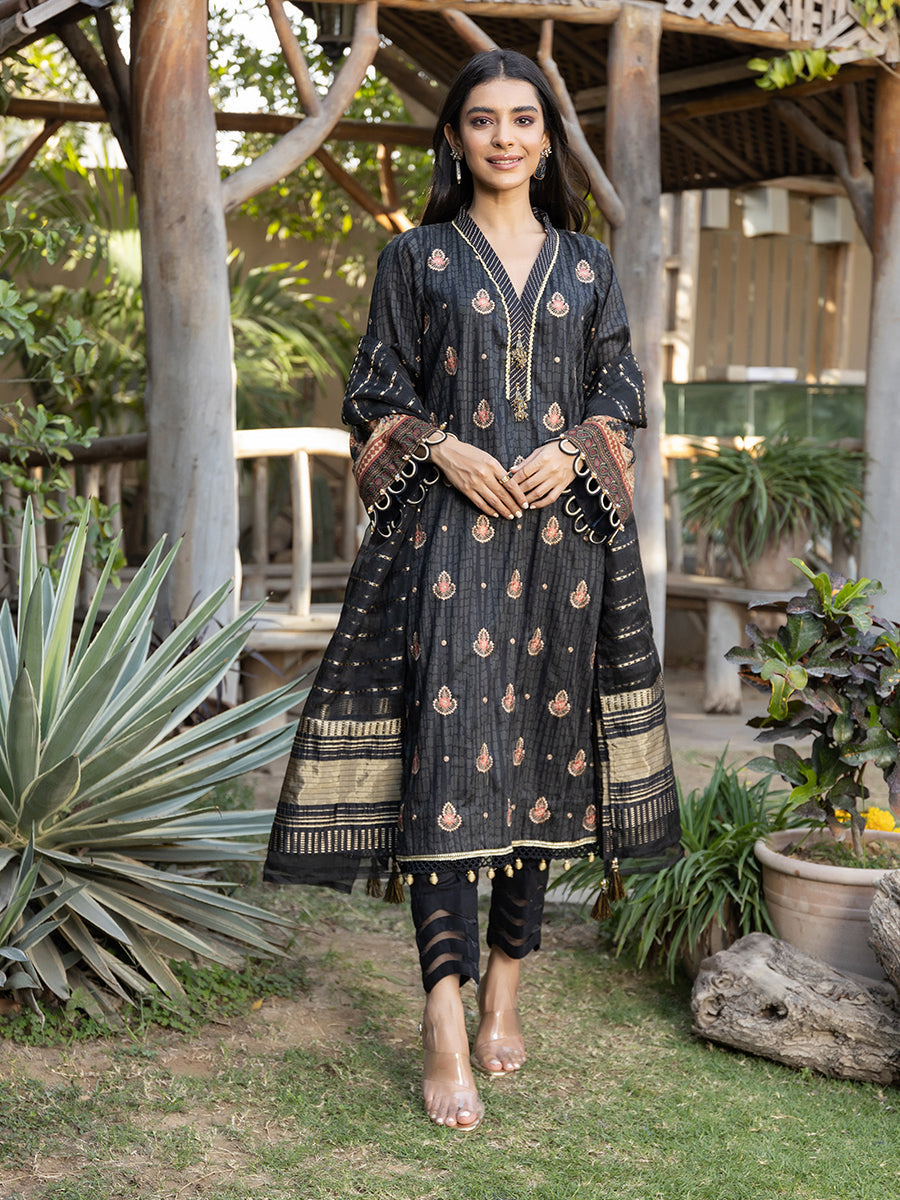 3pc Unstitched - Printed Embroidered Lawn Shirt With Fancy Dupatta