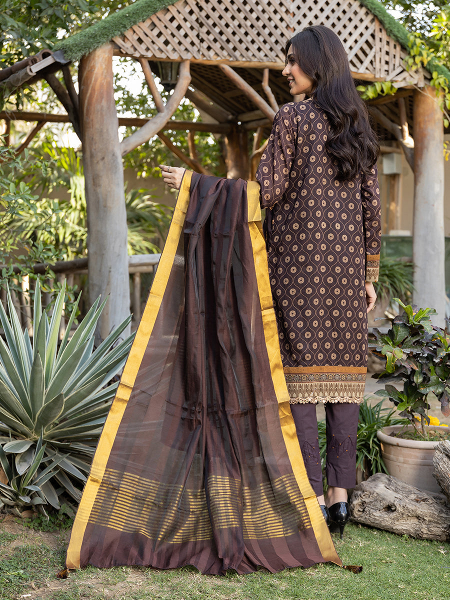 3pc Unstitched - Printed Embroidered Lawn Shirt With Fancy Dupatta