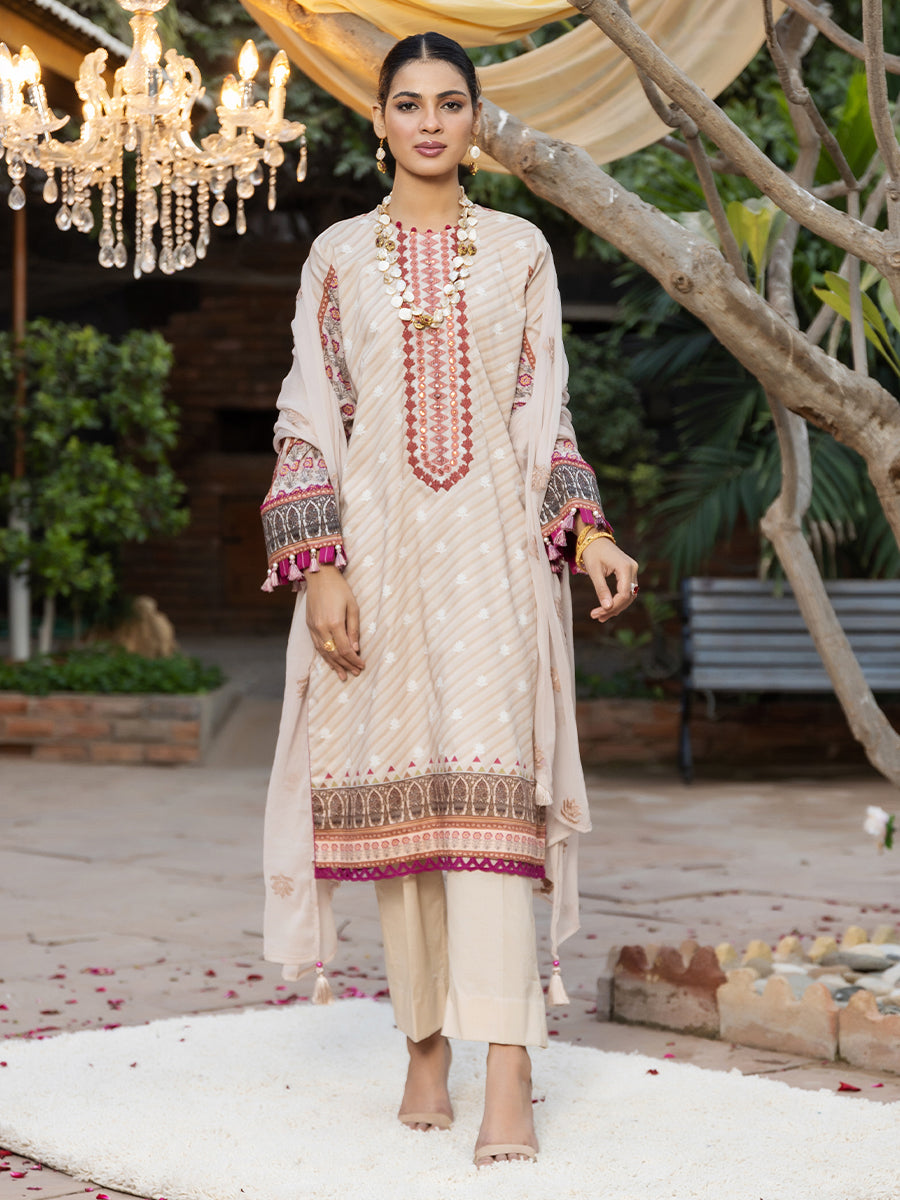 3pc Unstitched - Printed Embroidered Lawn Shirt With Dyed Chiffon Embroidered Dupatta
