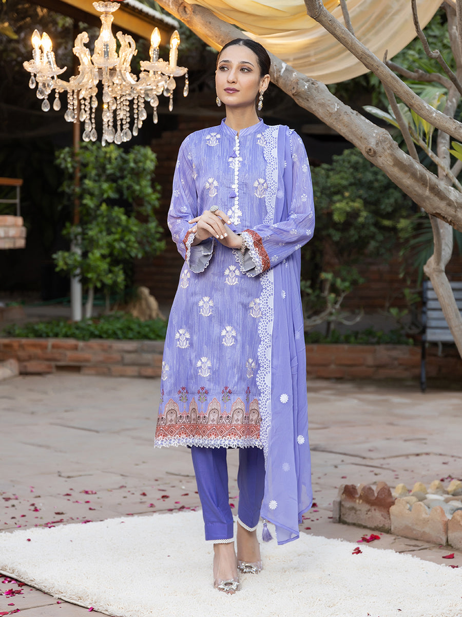 3pc Unstitched - Printed Embroidered Lawn Shirt With Dyed Chiffon Embroidered Dupatta