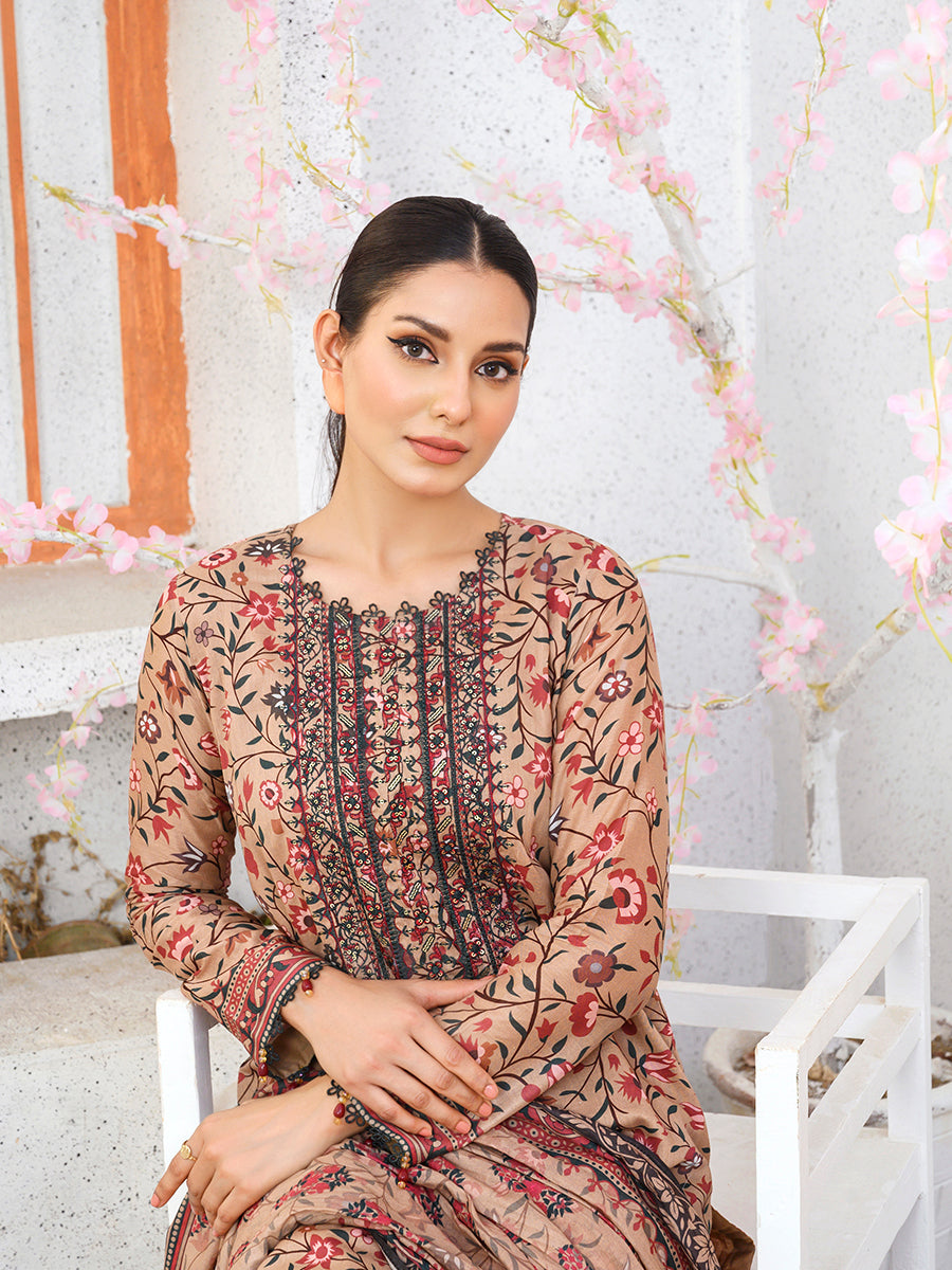 3pc Unstitched - Lawn Printed Embroidred Shirt With Lawn Printed Dupatta