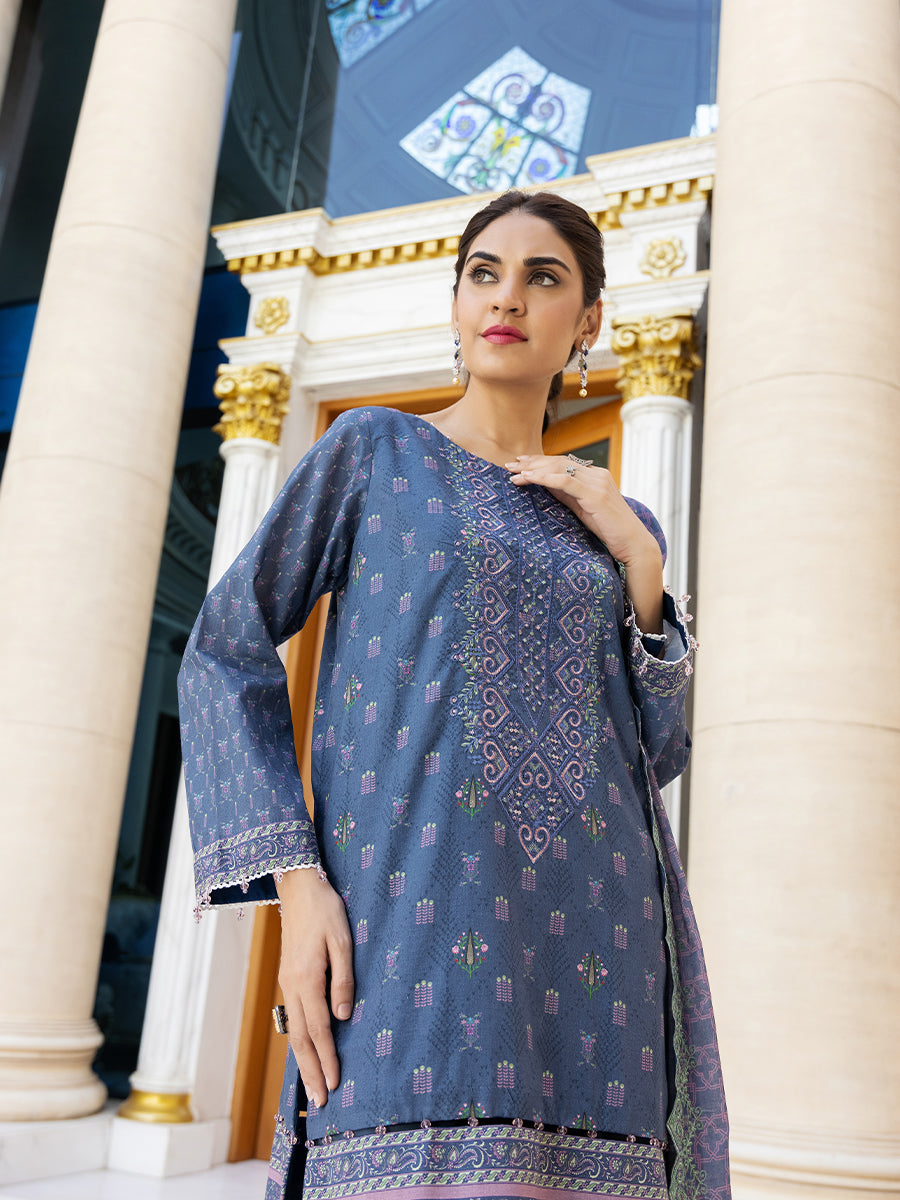 3pc Unstitched- Printed Embroidered Lawn Suit
