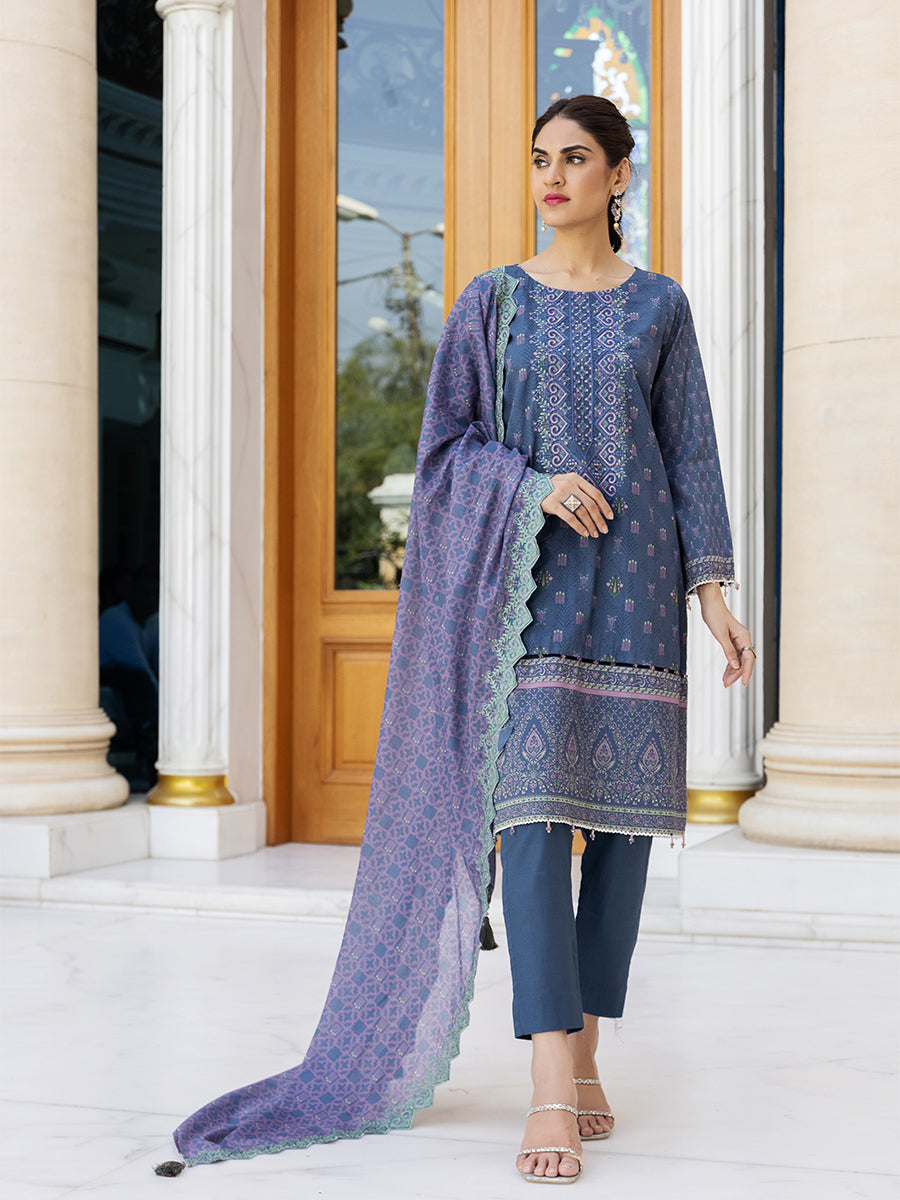 3pc Unstitched- Printed Embroidered Lawn Suit