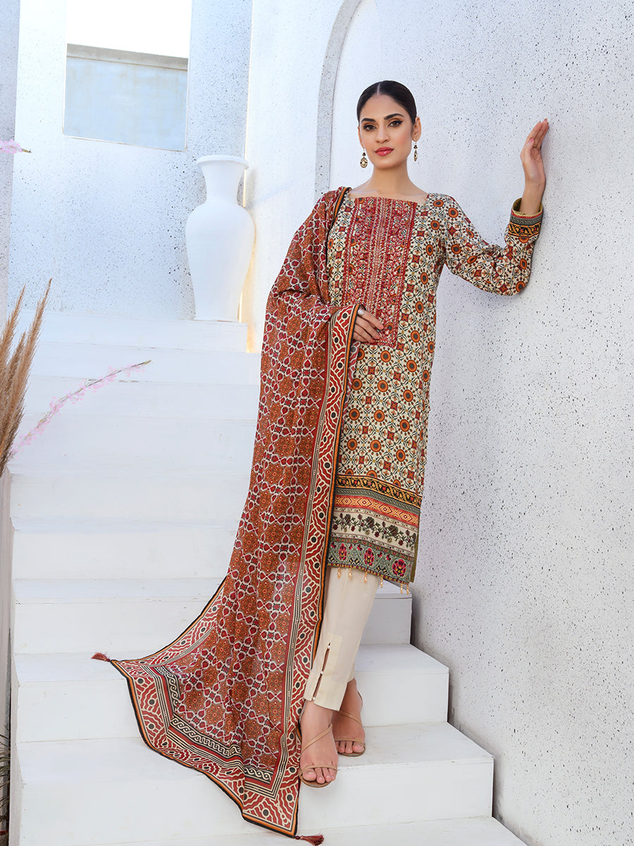 3pc Unstitched - Lawn Printed Embroidred Shirt With Lawn Printed Dupatta