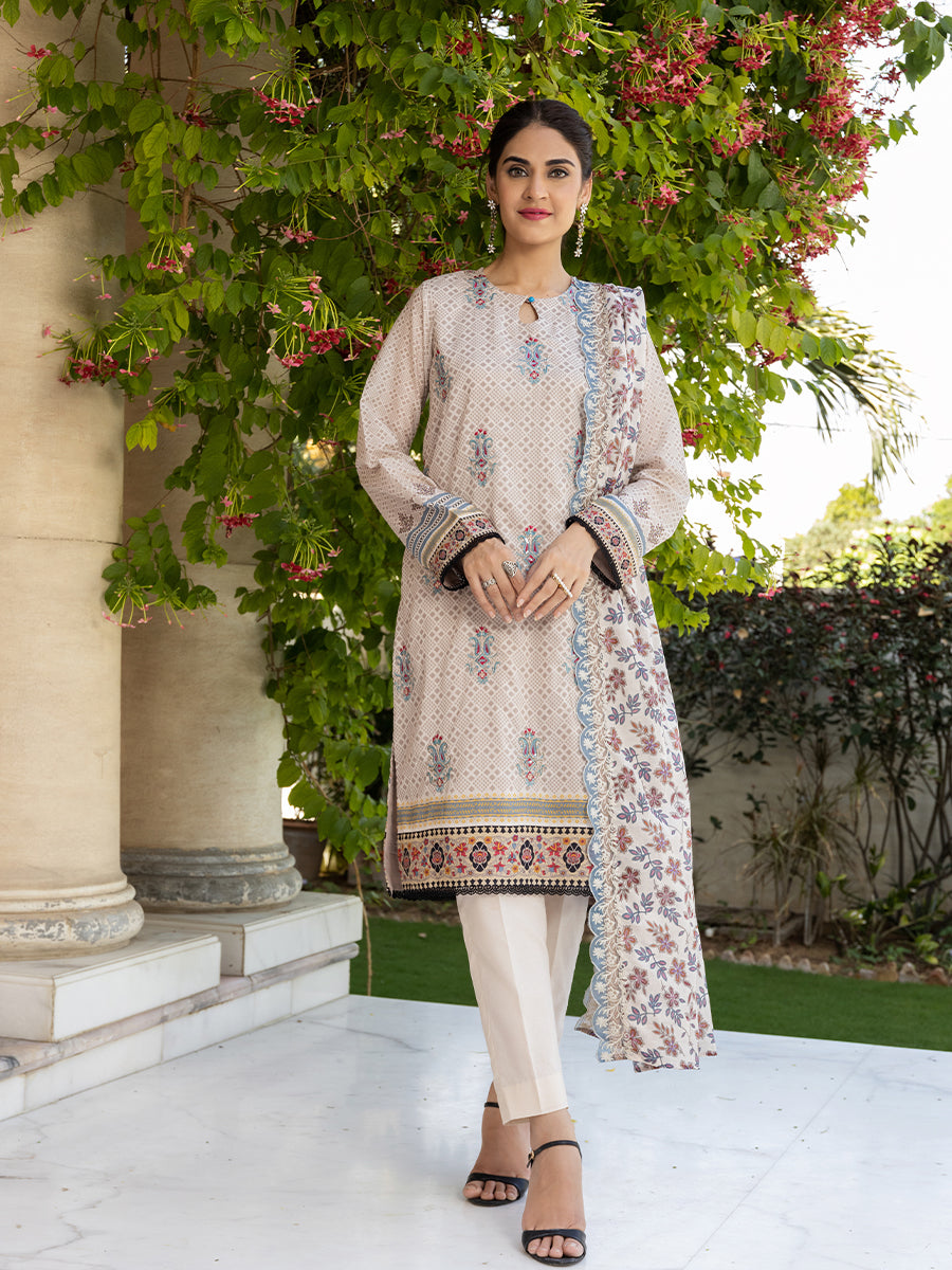 2pc Unstitched- Printed Embroidered Shirt With Dyed Cambric Trouser
