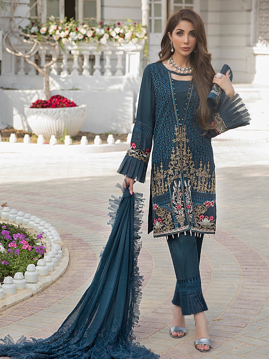 Azure Blue-Unstitched 3pc Heavy Embroidered Luxury Chiffon Suit (HC-00007) - SalitexOnline