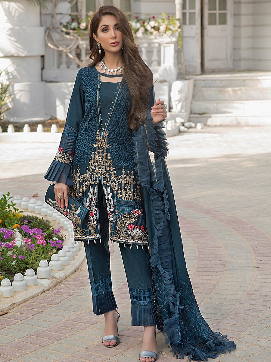 Azure Blue-Unstitched 3pc Heavy Embroidered Luxury Chiffon Suit (HC-00007) - SalitexOnline