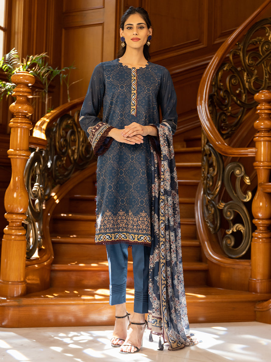 3pc Unstitched - Printed Lawn Shirt With Silk Dupatta