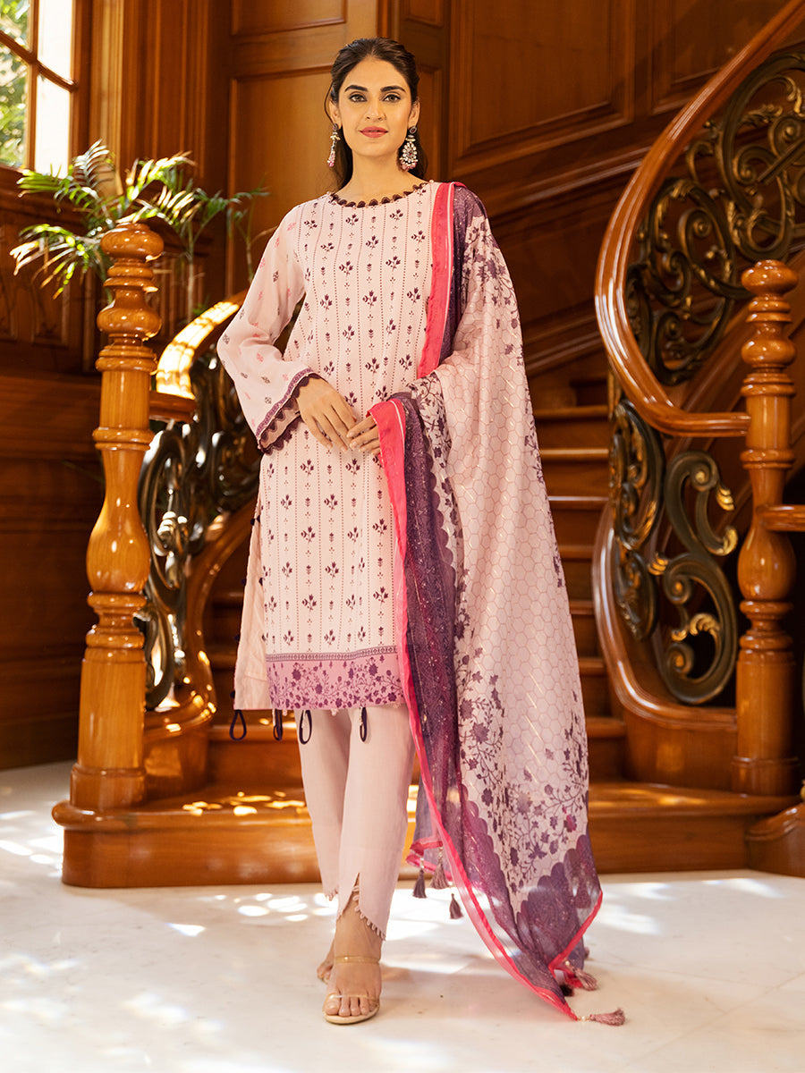 3pc Unstitched - Printed Lawn Shirt With Silk Dupatta