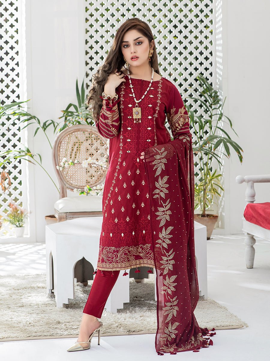 Bold Red-Unstitched 3pc Embroidered Lawn Shirt Front with Printed lawn Back & Sleeves with Mukesh Chiffon Dupatta & Dyed Cambric Trouser - Oznur (WK-00706) - SalitexOnline