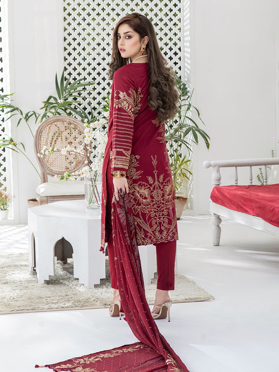 Bold Red-Unstitched 3pc Embroidered Lawn Shirt Front with Printed lawn Back & Sleeves with Mukesh Chiffon Dupatta & Dyed Cambric Trouser - Oznur (WK-00706) - SalitexOnline