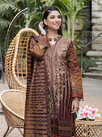 Dark rosewood-Unstitched 3pc Printed Embroidered Lawn Shirt with Fancy Check Printed Dupatta & Dyed Cambric Trouser - Estela (WK-00719A) - SalitexOnline