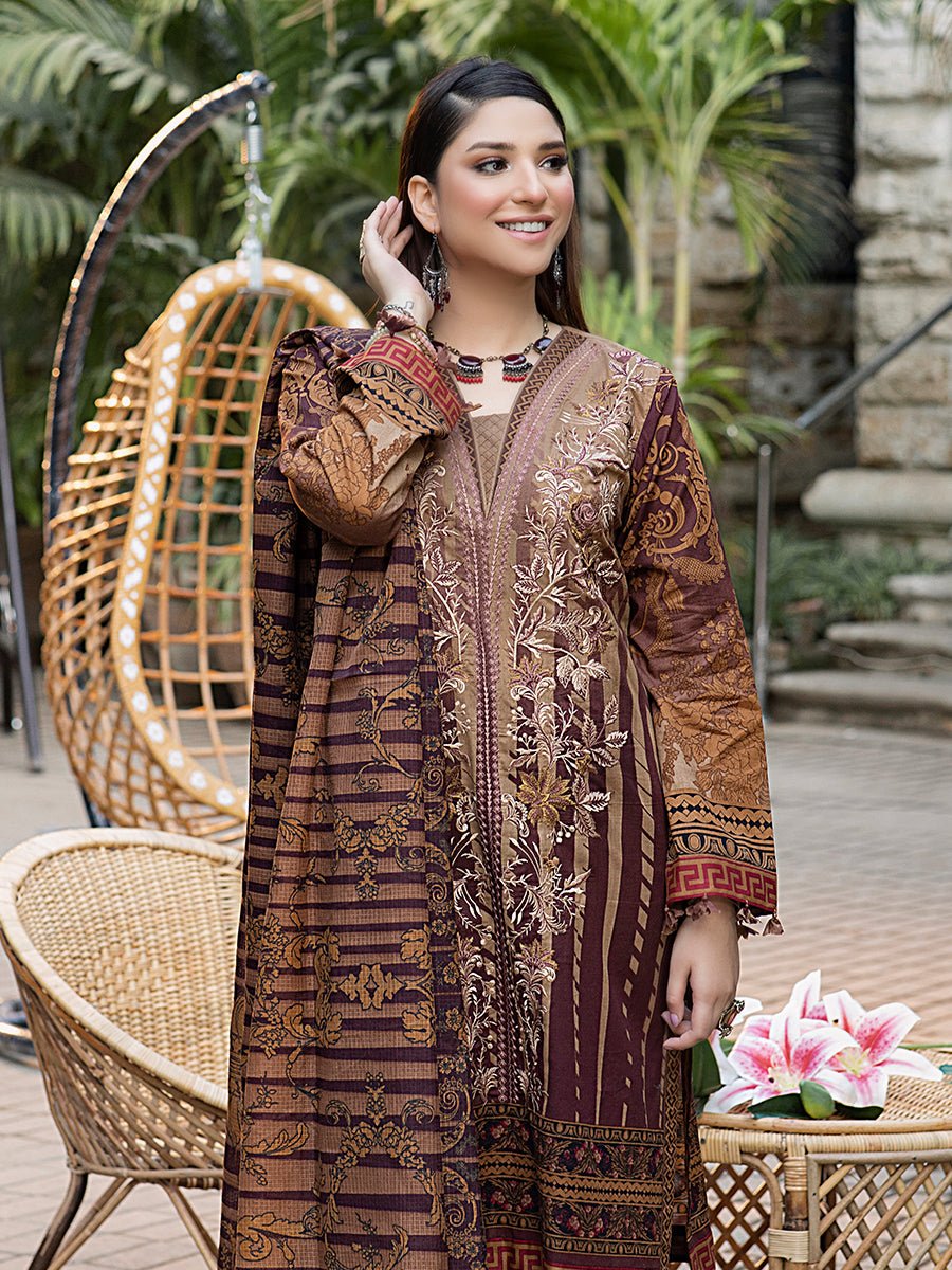 Dark rosewood-Unstitched 3pc Printed Embroidered Lawn Shirt with Fancy Check Printed Dupatta & Dyed Cambric Trouser - Estela (WK-00719A) - SalitexOnline
