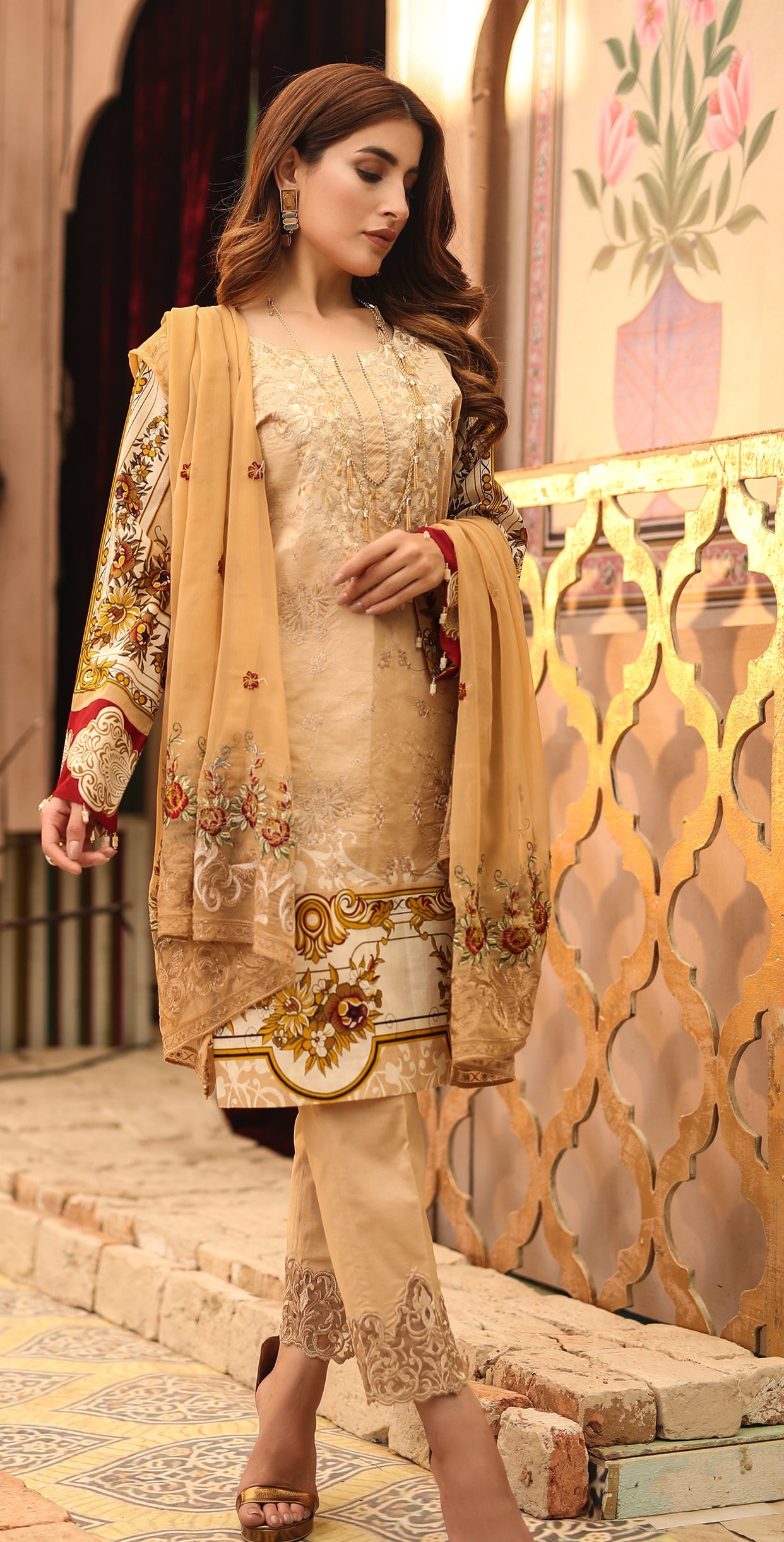 Festive Stitched Printed Lawn with Embroidered Shirt , Chiffon Embroidered Dupatta & Trouser Bunches I 3pc (WK-293B) - SalitexOnline