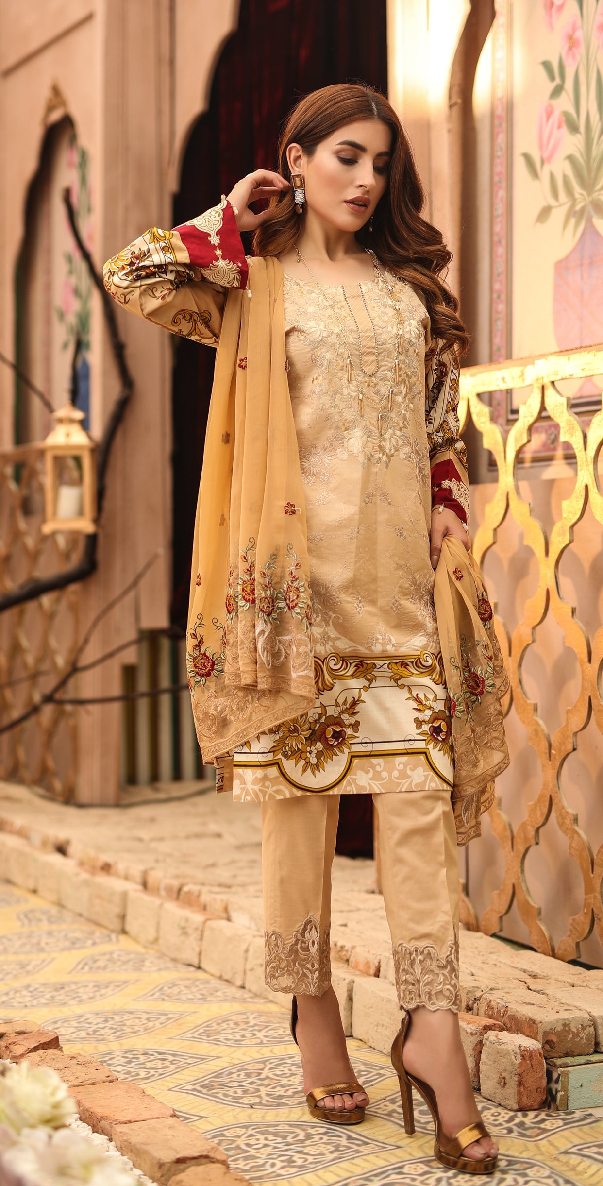 Festive Stitched Printed Lawn with Embroidered Shirt , Chiffon Embroidered Dupatta & Trouser Bunches I 3pc (WK-293B) - SalitexOnline