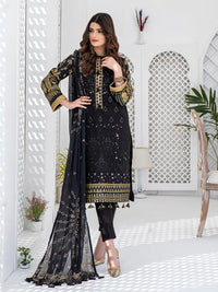 Goldenrod black-Unstitched 3pc Embroidered Lawn Shirt Front with Printed lawn Back & Sleeves with Mukesh Chiffon Dupatta & Dyed Cambric Trouser - Oznur (WK-00703) - SalitexOnline