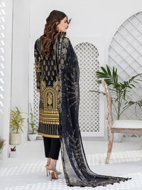 Goldenrod black-Unstitched 3pc Embroidered Lawn Shirt Front with Printed lawn Back & Sleeves with Mukesh Chiffon Dupatta & Dyed Cambric Trouser - Oznur (WK-00703) - SalitexOnline