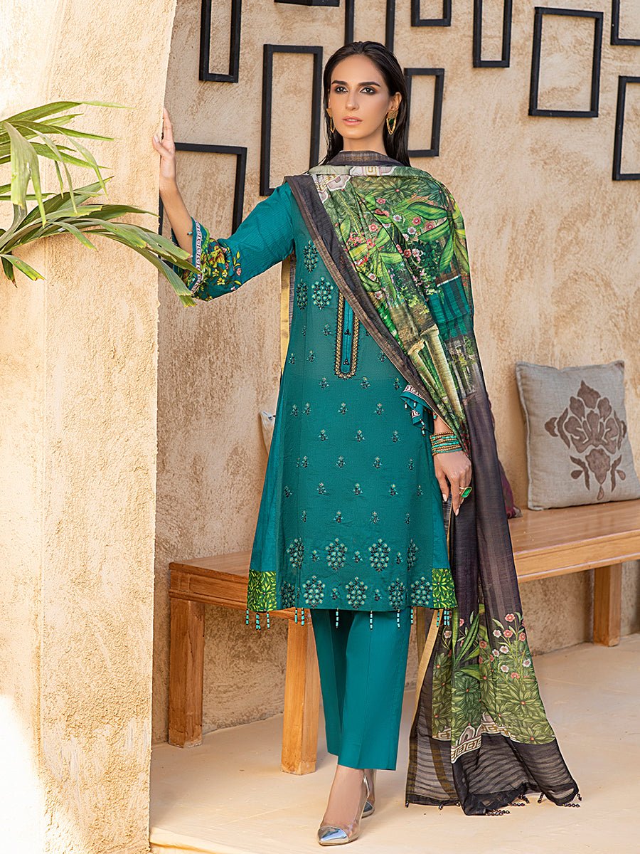 Green ocean-Unstitched 3pc - Lawn Embroidered Front with Lawn Printed Back & Sleeves with Digital Printed Monar Dupatta & Dyed Cambric Trouser-Rococo (WK-00670B) - SalitexOnline