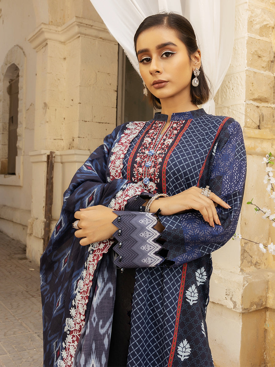 3pc Unstitched - Printed Embroidered Lawn Shirt With Printed Embroidered Lawn Dupatta