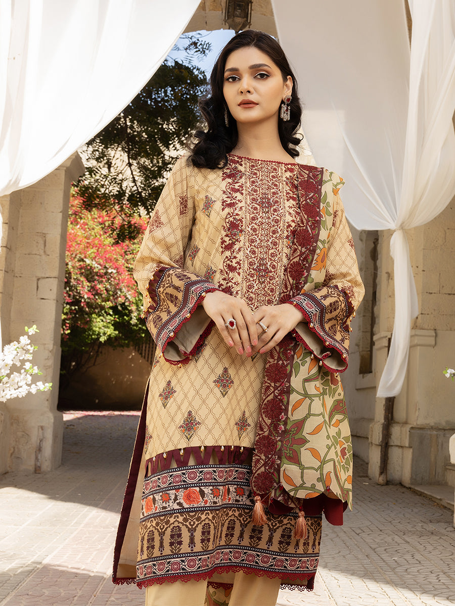 3pc Unstitched - Printed Embroidered Lawn Shirt With Printed Embroidered Lawn Dupatta