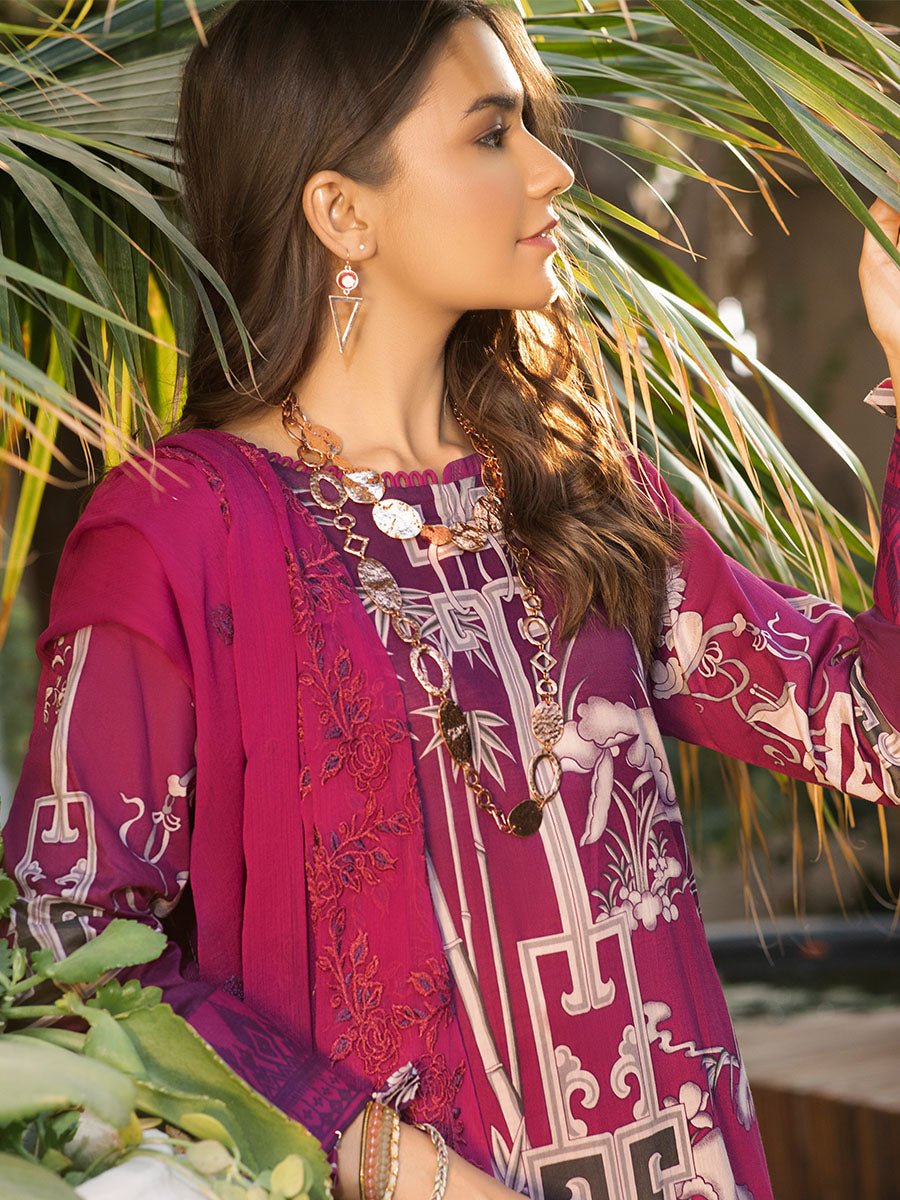 Pretty Magenta-Unstitched 3pc Printed Embroidered Lawn Shirt with Chiffon Embroidered Dupatta & Dyed Cambric Trouser- Shades of Summer (WK-00694A) - SalitexOnline