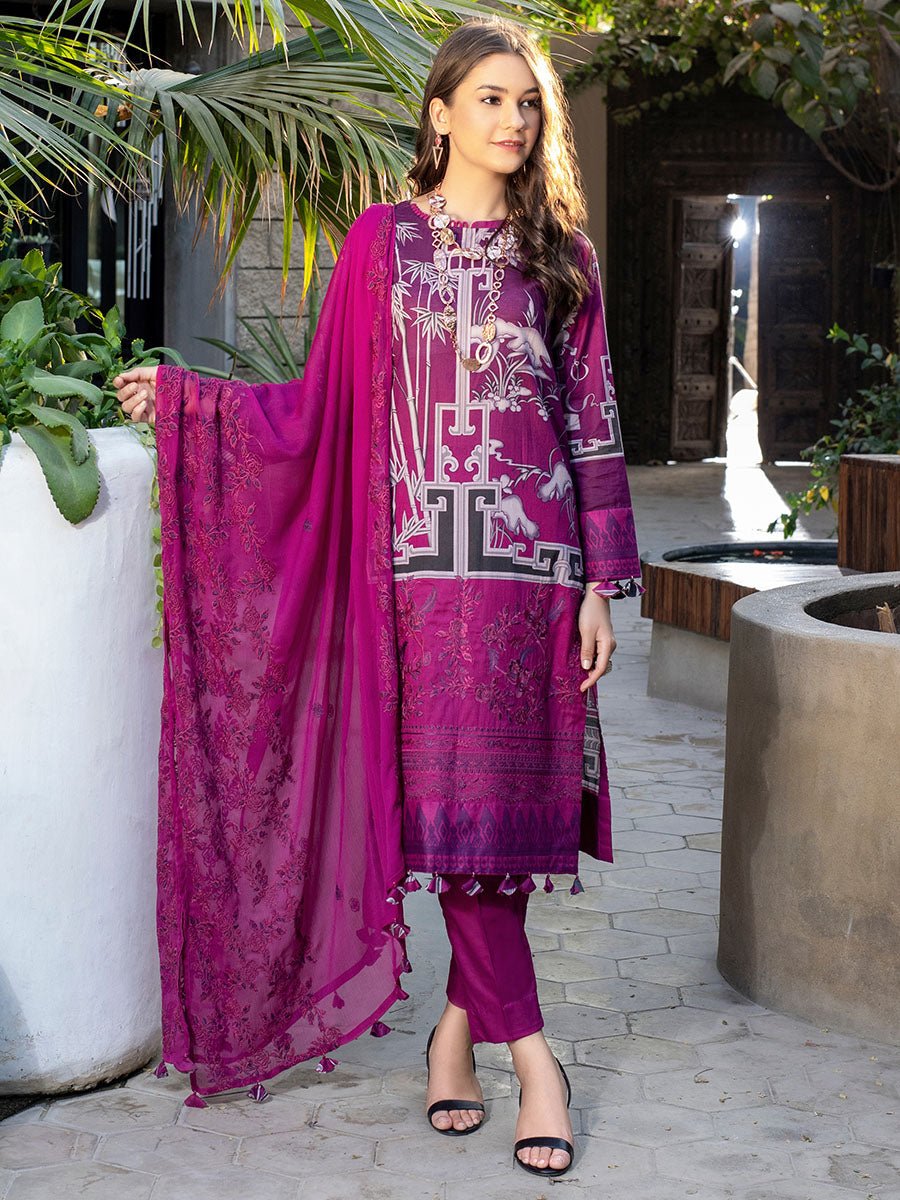 Pretty Magenta-Unstitched 3pc Printed Embroidered Lawn Shirt with Chiffon Embroidered Dupatta & Dyed Cambric Trouser- Shades of Summer (WK-00694A) - SalitexOnline