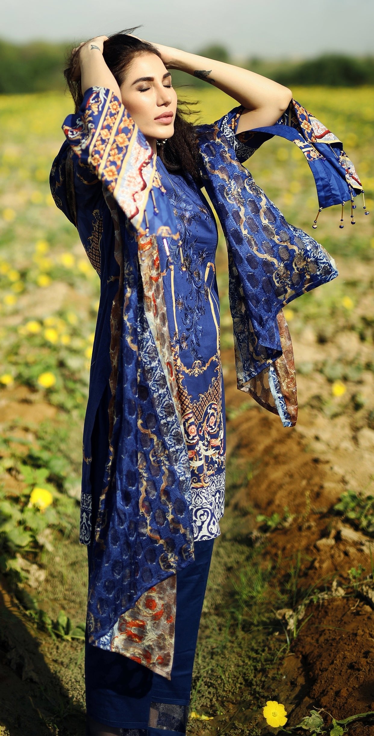 Printed Cambric Shirt with Embroidered Front & Broshia Jacquard Dupatta I 3pc (RC130A) - SalitexOnline