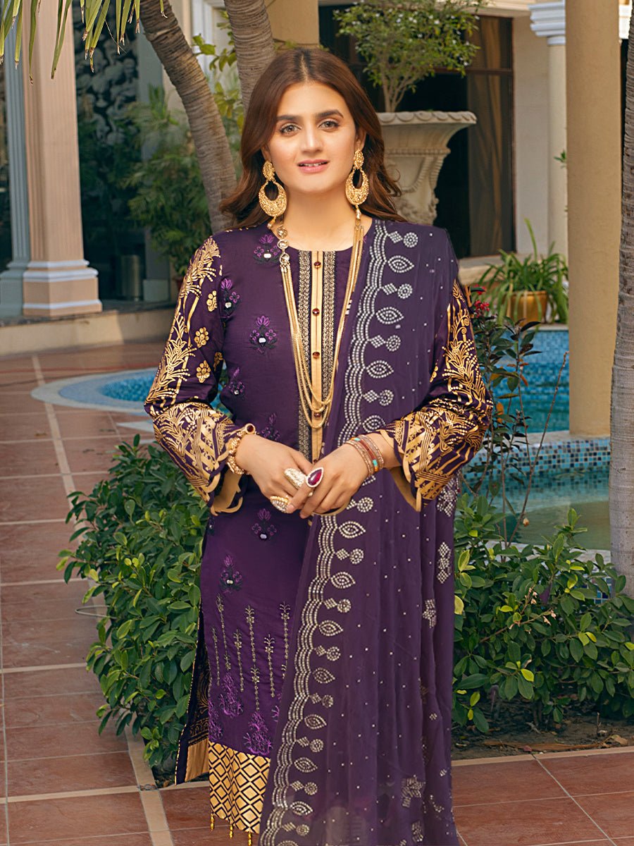 Purple Gold-Unstitched 3pc Embroidered Lawn Front with Printed Back & Sleeves with Dyed Cambric Trouser Chiffon Mukesh Work Dupatta - Oznur Vol.2 (WK-00674C) - SalitexOnline