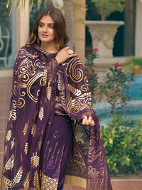 Purple Gold-Unstitched 3pc Embroidered Lawn Front with Printed Back & Sleeves with Dyed Cambric Trouser & Foil Printed Organza Dupatta - Oznur Vol.2 (WK-00674B) - SalitexOnline