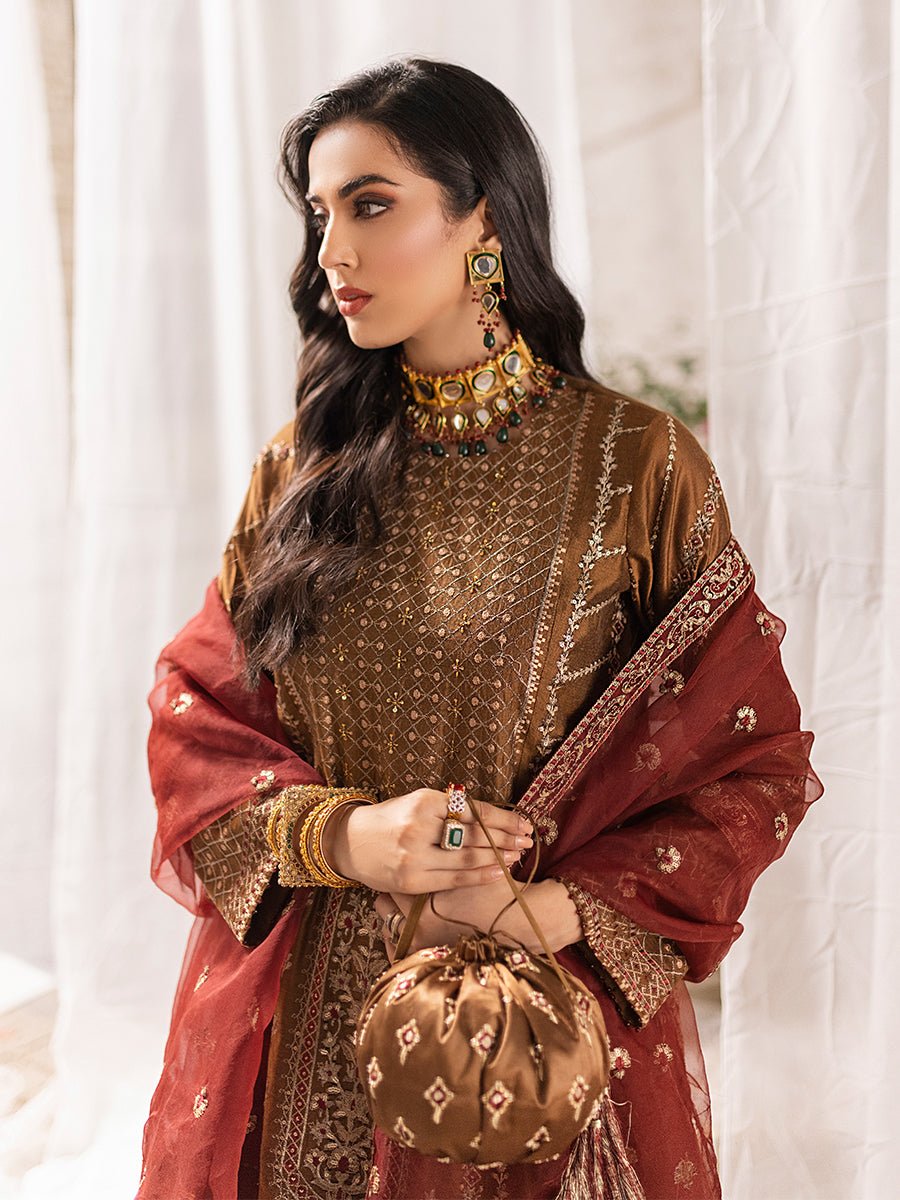 Royal Bronze - Unstitched 3pc - Full Embroidered Khaadi Net Shirt & Organza Dupatta with Dyed Raw Silk Trouser - (HC-00013UT) - SalitexOnline