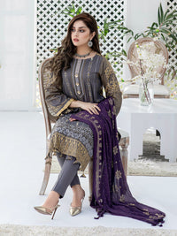 Russet-Unstitched 3pc Embroidered Lawn Shirt Front with Printed lawn Back & Sleeves with Mukesh Chiffon Dupatta & Dyed Cambric Trouser - Oznur (WK-00709) - SalitexOnline