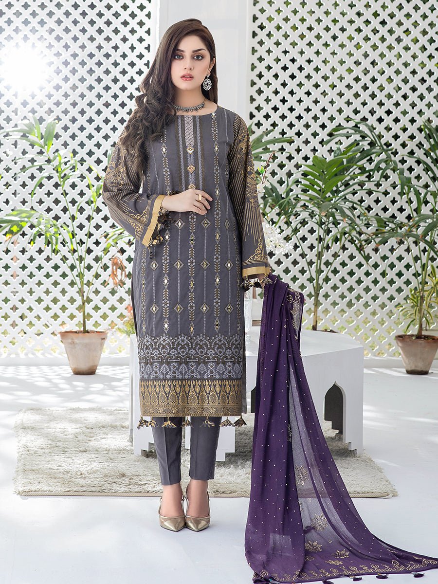 Russet-Unstitched 3pc Embroidered Lawn Shirt Front with Printed lawn Back & Sleeves with Mukesh Chiffon Dupatta & Dyed Cambric Trouser - Oznur (WK-00709) - SalitexOnline
