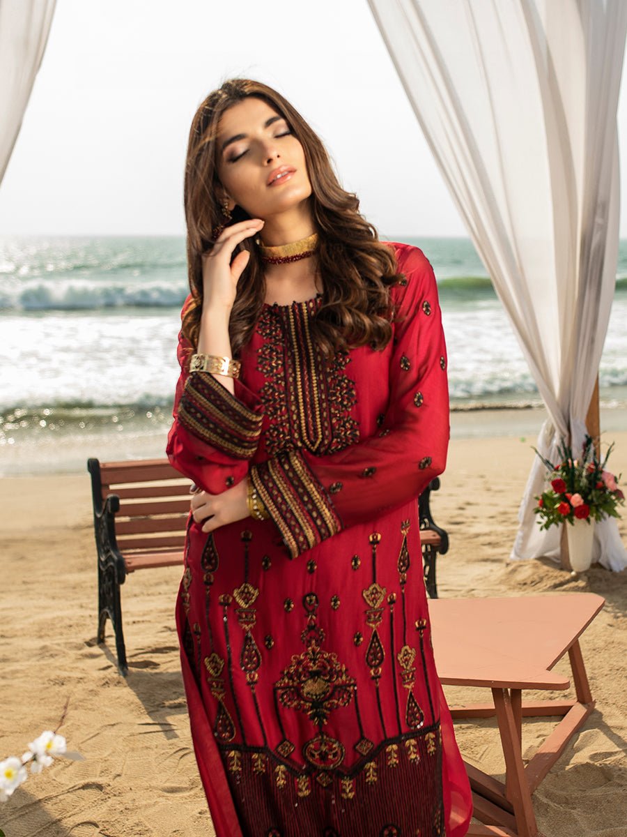 Scarlet-1pc Unstitched Luxury Embroidered Chiffon Shirt with Crepe Inner (wk-00622) - SalitexOnline