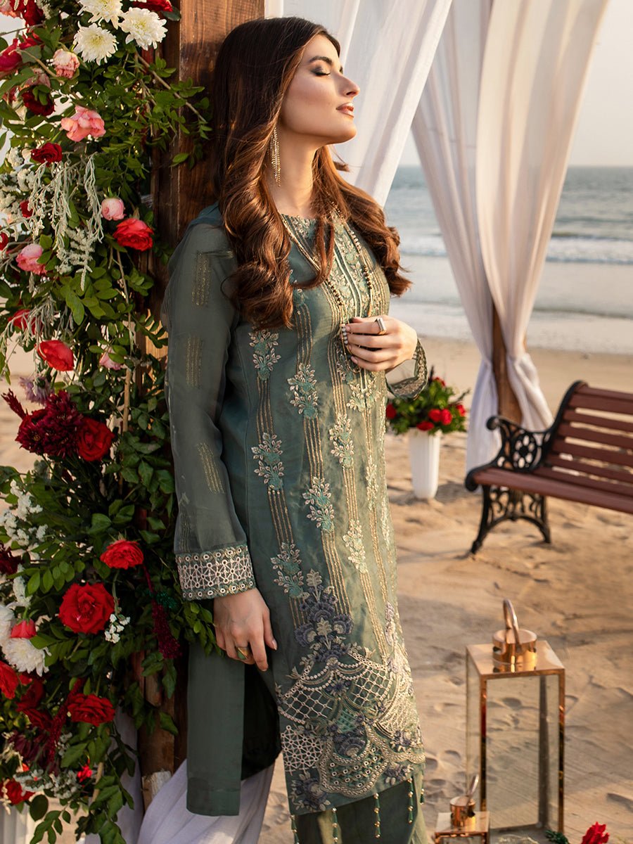 Sea Foam-1pc Unstitched Luxury Embroidered Organza Shirt with Crepe Inner (wk-00630) - SalitexOnline